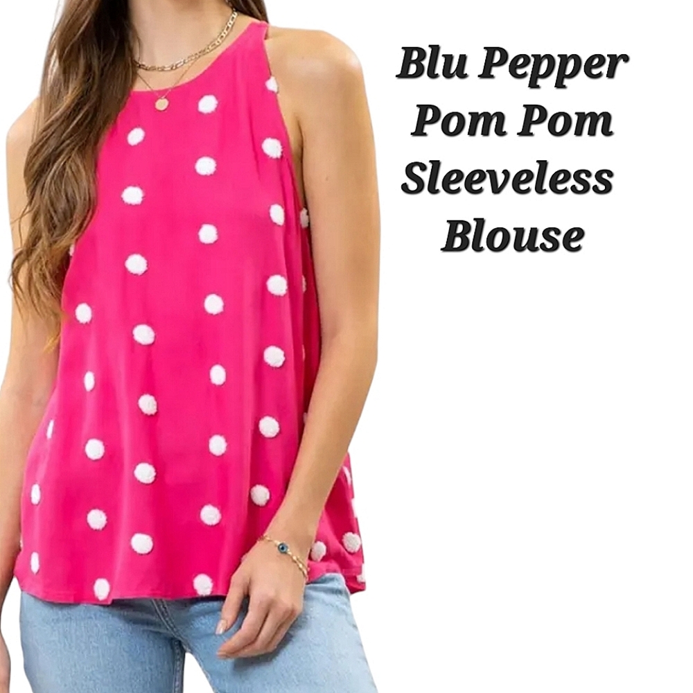 Blu Pepper Pom Pom Sleeveless Tank Top Hot Pink Puff Pom Dot Embroidery Size M